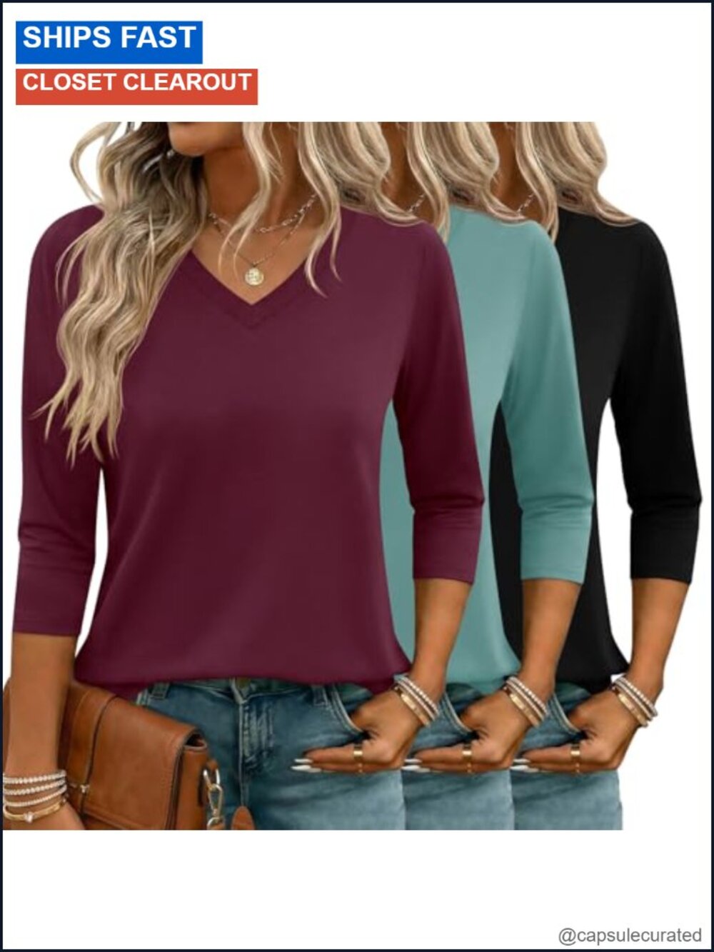 3/4 Sleeve V Neck Basic Tee 3 Pack Women Business Casual Soft Stretch